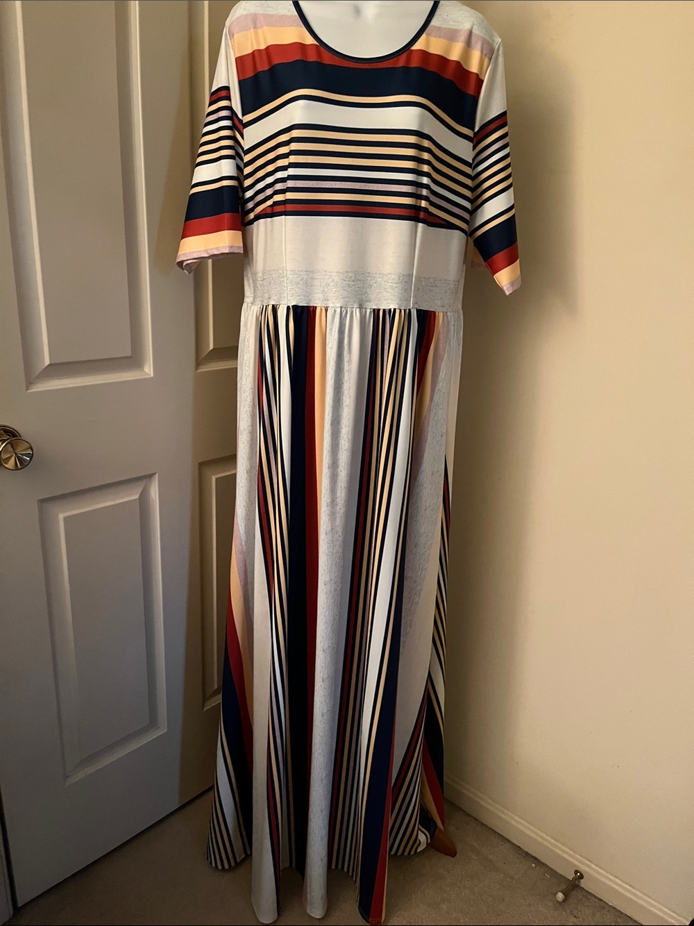 Striped Maxi Dress in White with Navy & Rust Accents